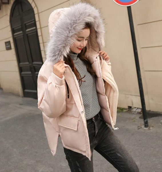 Womens Winter Short Puffy Coat with Hood in Pink