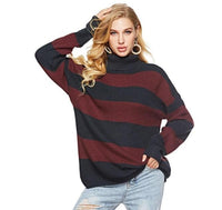 Womens Loose Fit Turtle Neck Stripe Sweaters