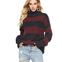 Womens Loose Fit Turtle Neck Stripe Sweaters
